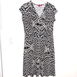Collection 212 Geometric Stretch V-Neck Short Sleeve Black Beige Size L Dress